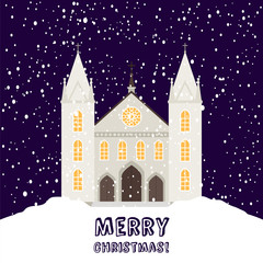 Merry Christmas greeting card or banner template with christian church and snowfall vector illustration