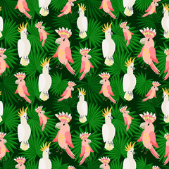 Pink and white parrots seamless pattern. Tropical jungle seamless texture, vector illustration