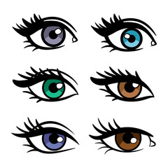 Popular colors vector female eyes isolated on white background, vector illustration