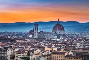 Zelfklevend Fotobehang Santa Maria del Fiore cathedral in Florence, Italy, at sunset. Scenic panorama view. © Funny Studio