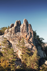Giant mountain rock hills at beautiful sunset light. Sandstone rock formation Teufelsmauer (Devil's Wall) in Blankenburg, National park Harz in Germany, Harz Mountains.