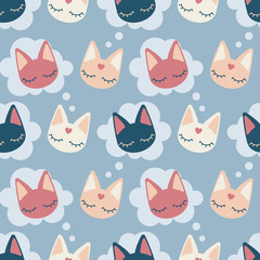 'Thinking of you' pattern with cats and bubbles. Cute seamless vector pattern with soft pastel colors. Suitable for scrapbooking, wrapping paper, card and apparel design etc.