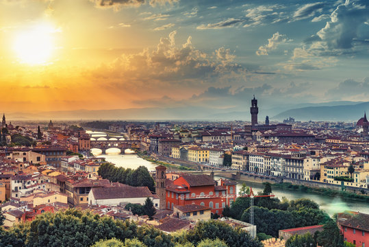 Beautiful sunset over Florence, Italy. Scenic travel background.