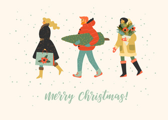 Christmas and Happy New Year illustration whit people. Trendy retro style.