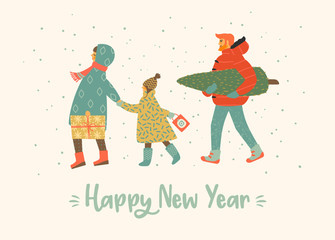 Christmas and Happy New Year illustration whit people. Trendy retro style.