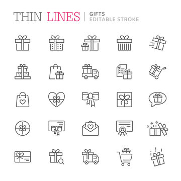 Collection of gifts thin line icons. Editable stroke