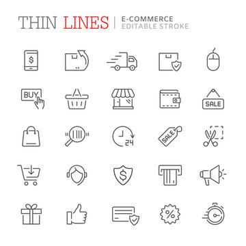 Collection of shopping and e-commerce related line icons. Editable stroke