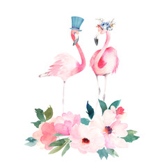 Fototapety  Couple pink flamingos and bouquet flowers. Watercolour print for invitation, birthday, celebration, greeting card