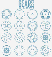 A large set of gears. Mechanics. The contours of the gears. Blue on a light background