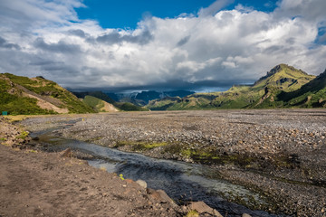 The dramatically beautiful and surreal landscapes of Thorsmork in the Highlands of Iceland at southern end of the famous Laugavegur hiking trail.