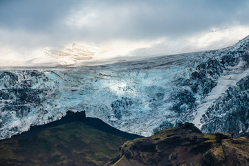 View of the Myrdalsjokull glacier , covering the active volcano Katla, Thorsmork, Highlands at the southern end of the famous Laugavegur hiking trail.
