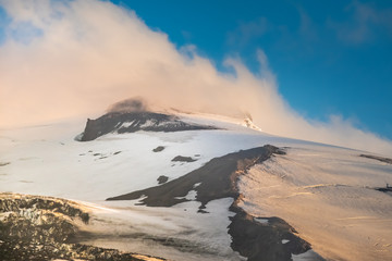 The top of the Eyjafjallajokull glacier and volcano  from Thorsmork in the Highlands of Iceland at southern end of the famous Laugavegur hiking trail.