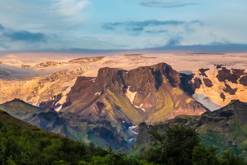 Naklejka premium View of the Myrdalsjokull glacier , covering the active volcano Katla, Thorsmork, Highlands at the southern end of the famous Laugavegur hiking trail.
