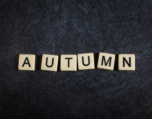 Scrabble letter tiles on black slate background spelling Autumn