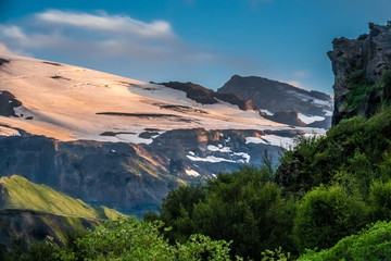 The top of the Eyjafjallajokull glacier and volcano  from Thorsmork in the Highlands of Iceland at southern end of the famous Laugavegur hiking trail.