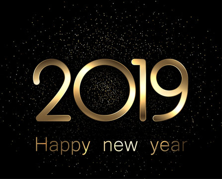 2019 Happy New Year gold and black background.