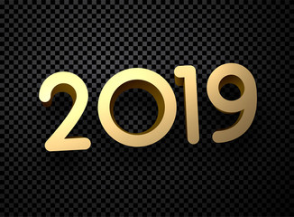Gold 2019 New Year 3d sign on black transparent background.