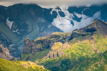 Fototapeta premium View of the Myrdalsjokull glacier , covering the active volcano Katla, Thorsmork, Highlands at the southern end of the famous Laugavegur hiking trail.