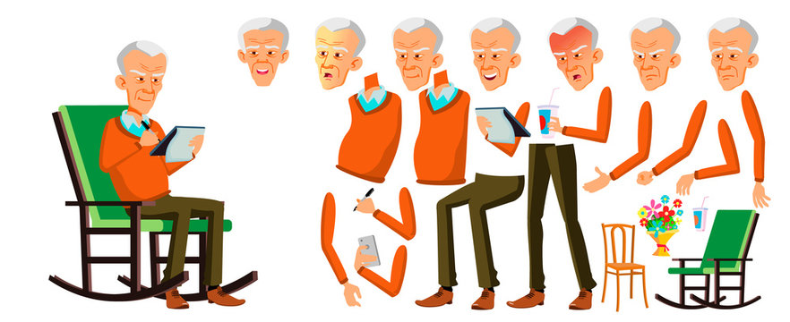 Old Man Vector. Asian Senior Person Portrait. Elderly People. Aged. Animation Creation Set. Face Emotions, Gestures. Friendly Grandparent. Banner, Flyer. Animated. Isolated Cartoon Illustration