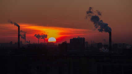 the evening sun over the city