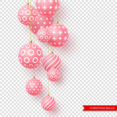 3d Christmas yellow balls with geometric pattern. Decorative elements for holiday new year design. Isolated on transparent background. Vector illustration.