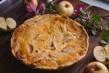 Delicious apple autumn pie on a dark background