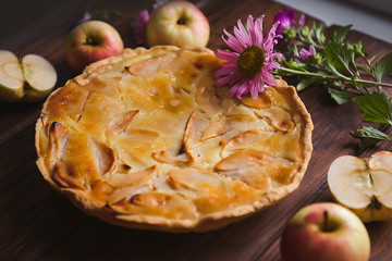 Delicious apple autumn pie on a dark background