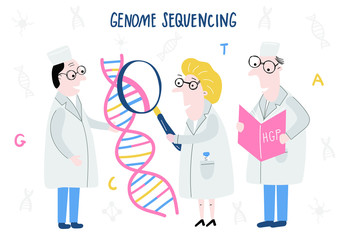 Scientist exploring DNA structure. Hand drawn genome sequencing concept made in vector. Human genome project
