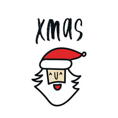 Xmas - Christmas card with Santa face and hand drawn lettering. New Year vector illustration