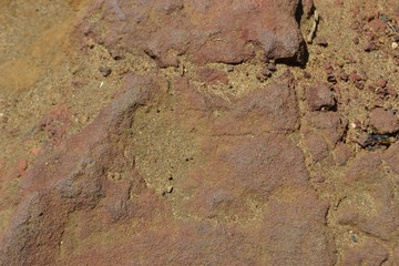 Closeup photograph of ironstone in dry, orange, and sandy soil. Ironstone is a a construction material. Historically, it has been used as a source of iron. Location: Leuven, Belgium
