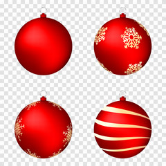Realistic christmas balls isolated on transparent background. Glossy red christmas balls with golden patterns