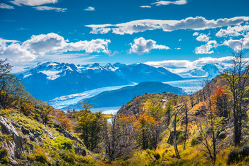 Panoramic view of Torres del Paine National Park, its lagoons and glaciers, Patagonia, Chile
