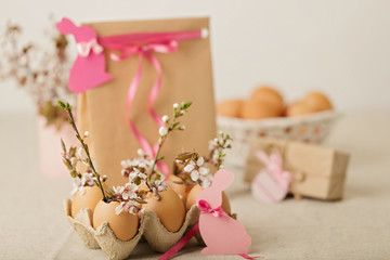 Happy easter. Easter decoration - flowering branches in the shell from the eggs.