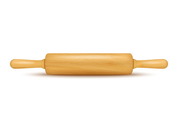 Vector realistic 3D wooden rolling pin icon closeup isolated on white background. Design template for graphics
