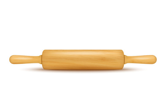 Vector realistic 3D wooden rolling pin icon closeup isolated on white background. Design template for graphics
