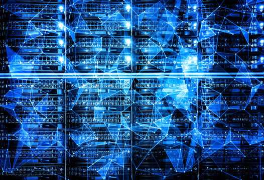 Digital computer data and network connection triangle lines and spheres in futuristic technology concept Row of harddisk slot on the computer server.