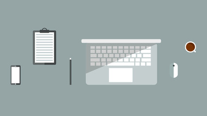 Flat design vector illustration of a desk with laptop, mouse phone pencil storyboard and coffee cup. EPS10 compatible