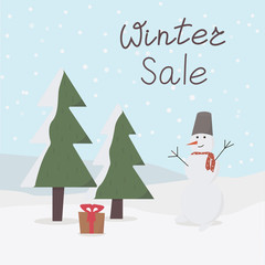 Winter landscape with a snowman with a scarf and Christmas trees and a gift under them in flat design in vector. Suitable for banners, greeting cards and tamplates