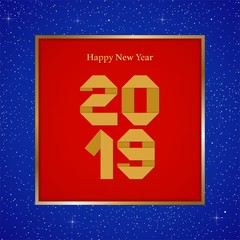 New year greetings for year 2019 with bright blue background with glowing stars with gold lights with number in the golden ribbon frame and red square