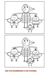 Naklejka premium Find 5 differences. Chicken. Coloring book for children. Coloring pages. Teaching game for preschool children. Vector