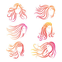 Bright female heads vector silhouettes for logos, design, beauty industry