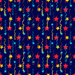 Festive seamless pattern with colorful stars and serpentine for christmas, birthday party, holidays, vector illustration