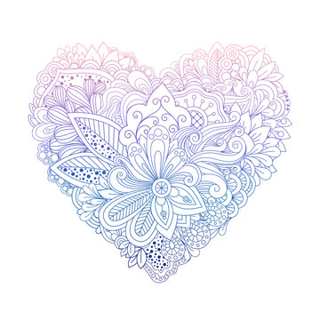 Colorful floral heart shape with hand drawn doodle summer flowers vector for invitation, print, cards