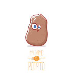 vector brown cute little kawaii potato cartoon character isolated on white background. My name is potato vector concept illustration. funky summer vegetable food kids character
