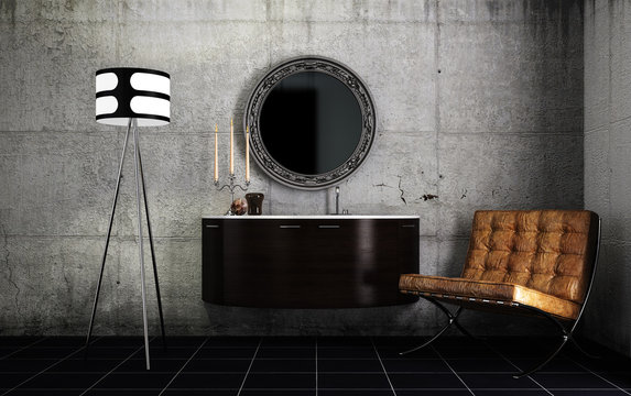 Edle Badgarnitur mit Waschbecken, Spiegel und Sessel vor Betonwand