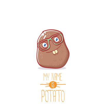 vector brown cute little kawaii potato cartoon character isolated on white background. My name is potato vector concept illustration. funky summer vegetable food kids character
