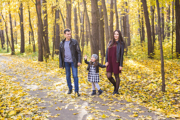Family, autumn, people concept - young family walking in park on in autumn day