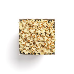 3d rendering of an isolated square popcorn bucket filled with the snack to the brim in a top view on a white background.