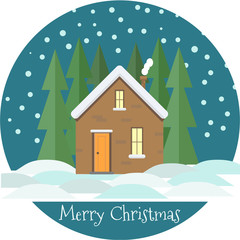 House in the night forest with snow in a flat style. Holidays lettering.
