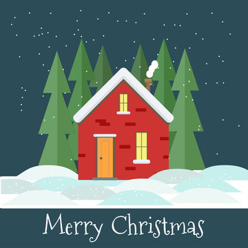 Merry Christmas vector illustration in flat style with forest, red house and lettering